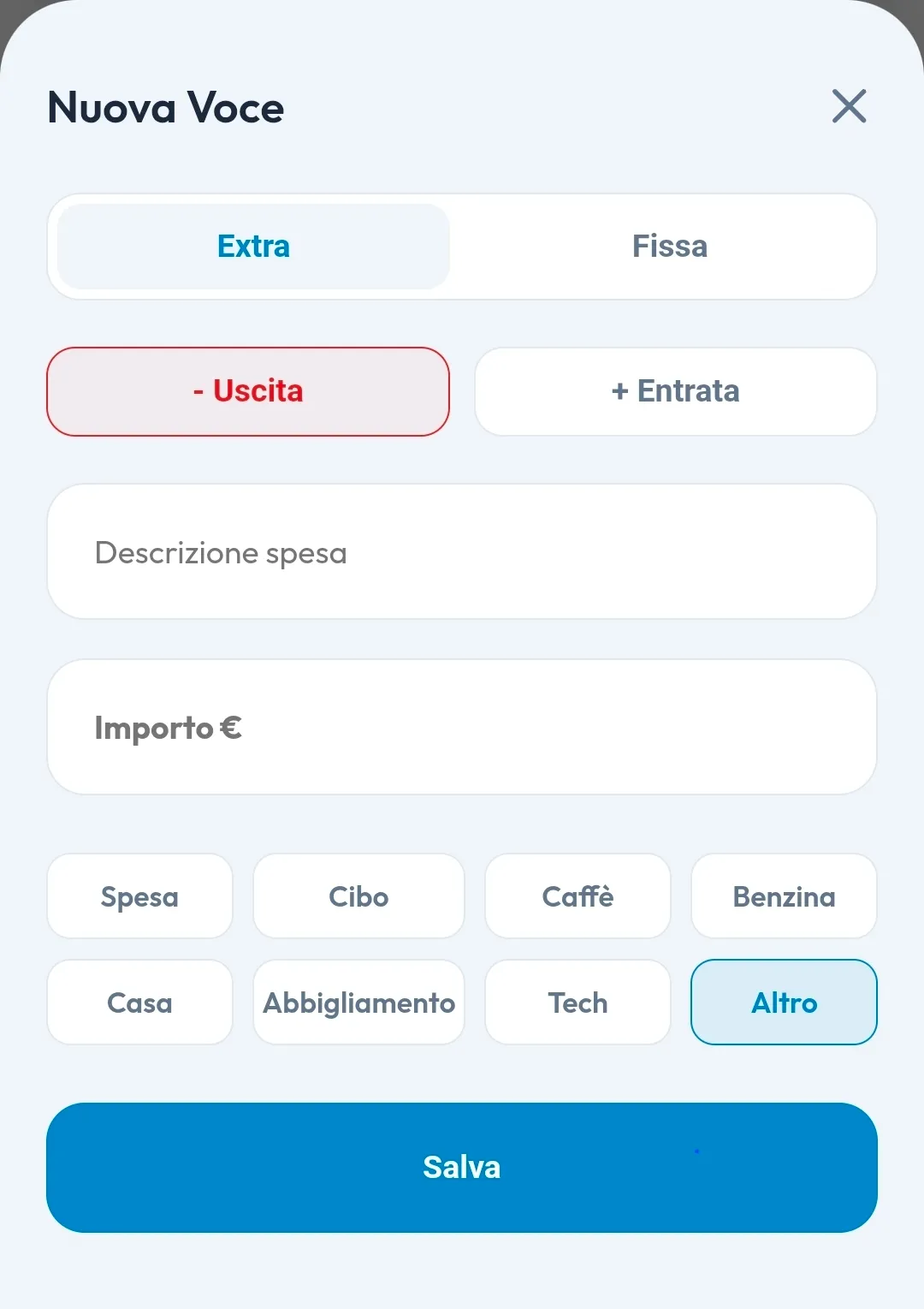 Visualizzazione spese fisse e stipendio app budget familiare
