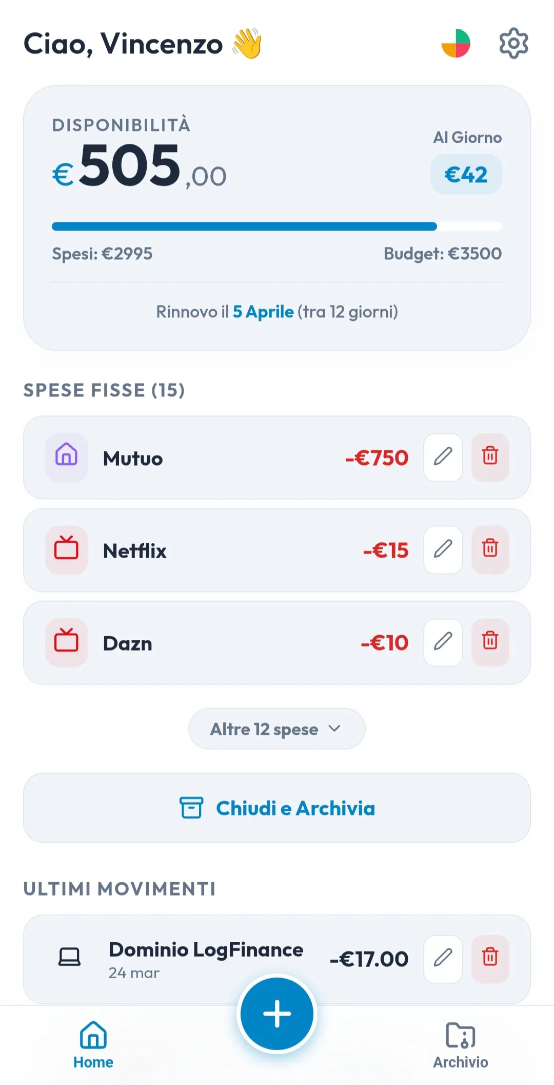 Dashboard e schermata iniziale App Gestione Spese LogFinance